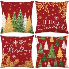 Merry Christmas Pillow Covers 18x18, Watercolor Christmas Tree Stars Throw Red