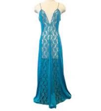 Vtg Val Mode Lingerie Slip Dress Nightgown Small Teal Blue Shiny Nylon Lace Long