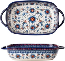 Blue and Orange Flower Vintage Style Ceramic Bakeware Casserole Dish Baking Pan