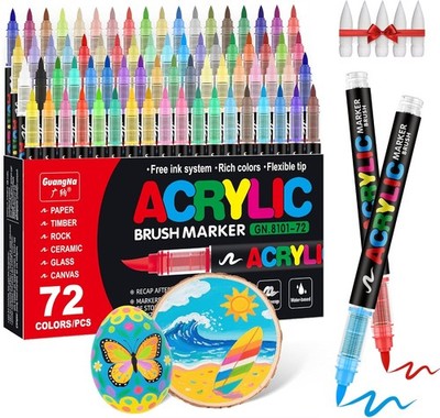 Acrylic Paint Markers Brush Tip, 72 Vivid Colors with Direct-Liquid Ink Control