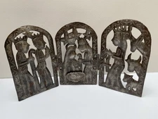 Metal Triptych Nativity Scene Holiday Christmas Tin Folk Art Holy Manger