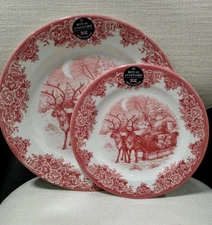 Royal Stafford 8 pc SANTA SLEIGH CHRISTMAS Red DINNER & SALAD DESSERT PLATES NEW