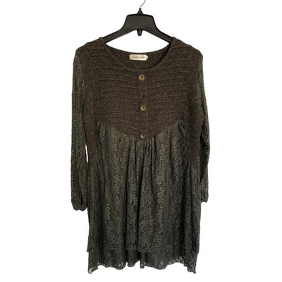 #ad #ad Simply Couture Dark Moss Green Gray Tunic Blouse w Lace amp; Knit VGC Pre Owned $16.00