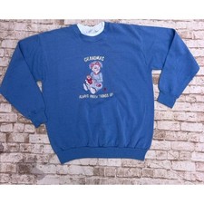 Vtg Cheek-0 Large Sweatshirt grandmas Always Patch Things Up Blue Crew
