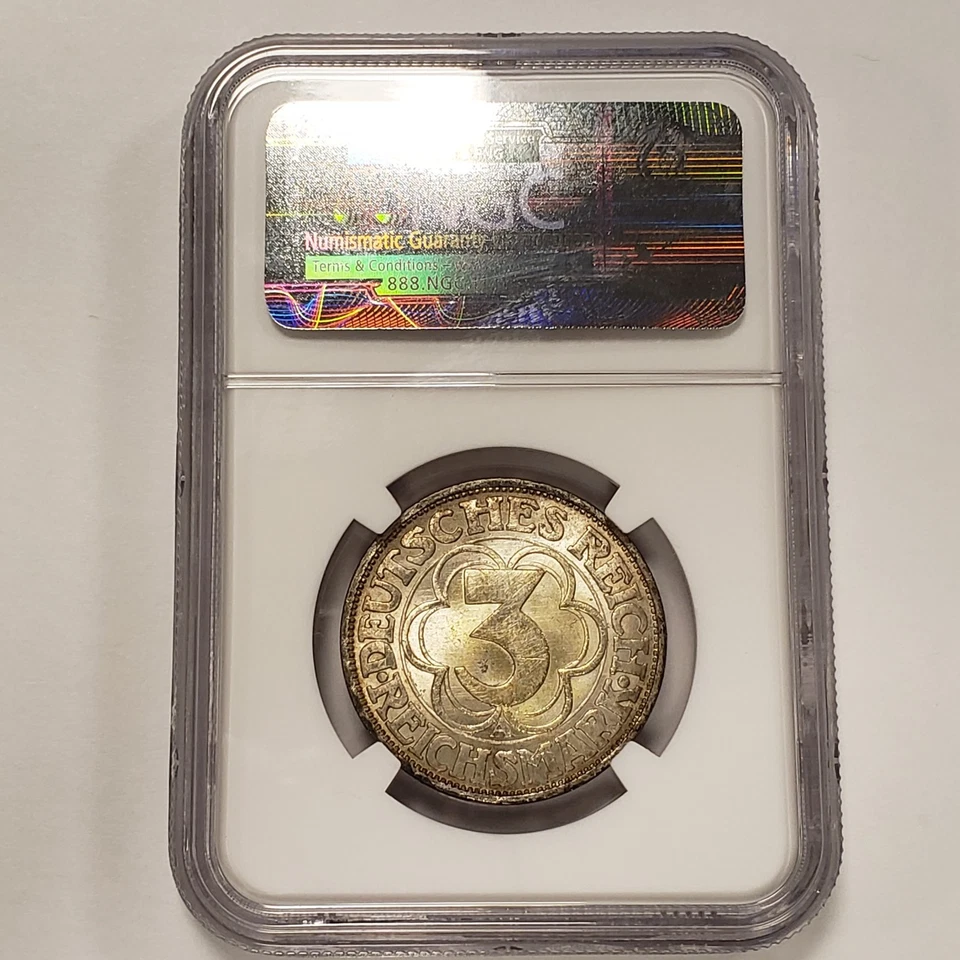 1927-A Germany Weimar Norhausen 3 Mark  .2411 oz ASW - NGC UNC Dets - Q2458 - Image 2 of 4