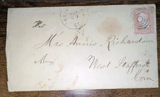 US #65 on Cover 1865 Broad Brook to West Stafford CT, w/Letter Niece to Aunt