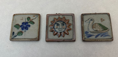 Set of (3) - Ceramic Tile Mexican Wall Hangings - 2.5'' x 2.5'' - Sun Bird Flower