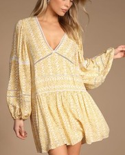 Lulus Era Of Style Yellow Cream Ditsy Floral XS Dress Baby Doll Mini Cottage