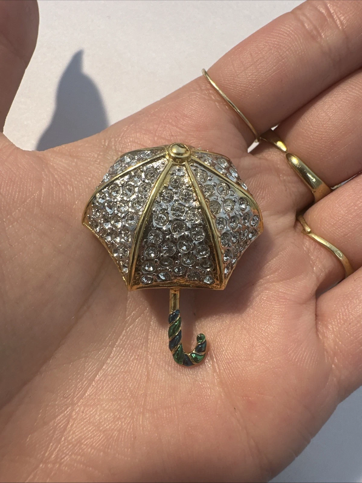Broche Parapluie Avec Manche Bleu Et Vert Avec Brillant Blanc Bijoux Fantaisie