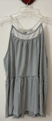 Hem & Thread Womens Medium Blue Striped Sleeveless Tiered Babydoll Blouse! A4589