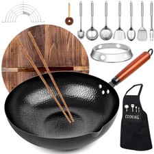 kaqinu 14 Pcs Carbon Steel Wok Pan, 12.6'' Woks & Stir-Fry Pans 12.6'', Black