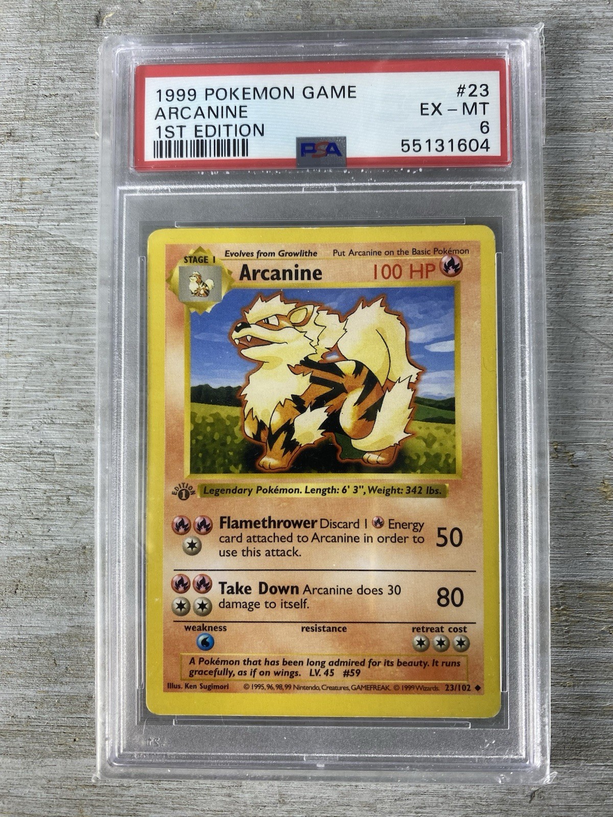 1999 1st Edition Arcanine Base Set Shadowless (PSA 6 EX-MT) 23/102 Pokémon Card.