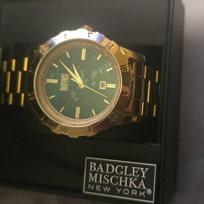 Badgley Mischka New York Quartz Gold Bracelet Watch Green Dial Date w/ Box