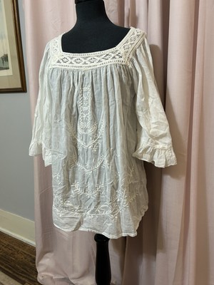 ROPER Women s Size L Blouse Crochet Lace Top White Crepe Accent 3/4 Sleeve