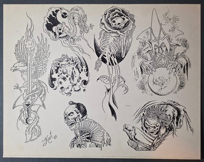 ORIGINAL 1989 Vintage Shop Used Kari Barba Tattoo Flash Sheet Dragon, Wizard