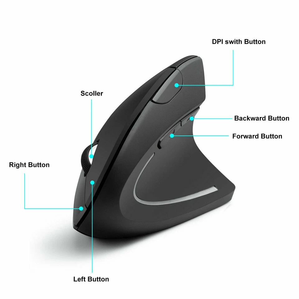 Ergonomic Mouse Optical Vertical Mice 6 Keys USB Wireless 2.4GHz 1200DPI For PC - Image 3 of 4