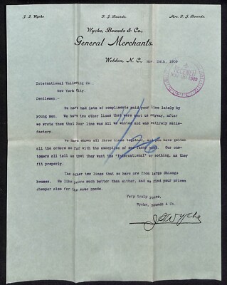Wyche, Bounds & Co. Weldon, NC Gen Merchants 1909 TLS Letterhead Knowlton*