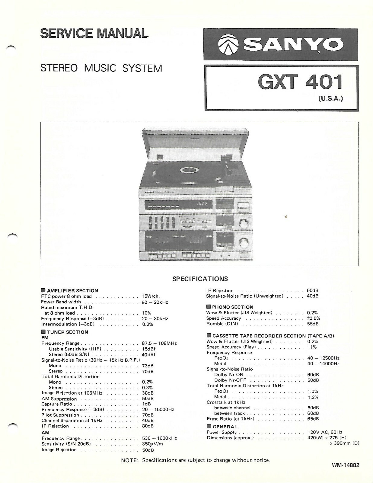 SANYO GXT401 STEREO MUSIC SYSTEM FACTORY REPAIR SERVICE MANUAL ENGLISH