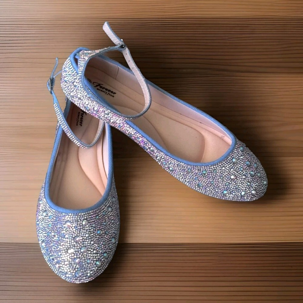 Forever Women's Flat Blue And Crystal Clear Rhinestone Ankle Strap Shoes Size 10