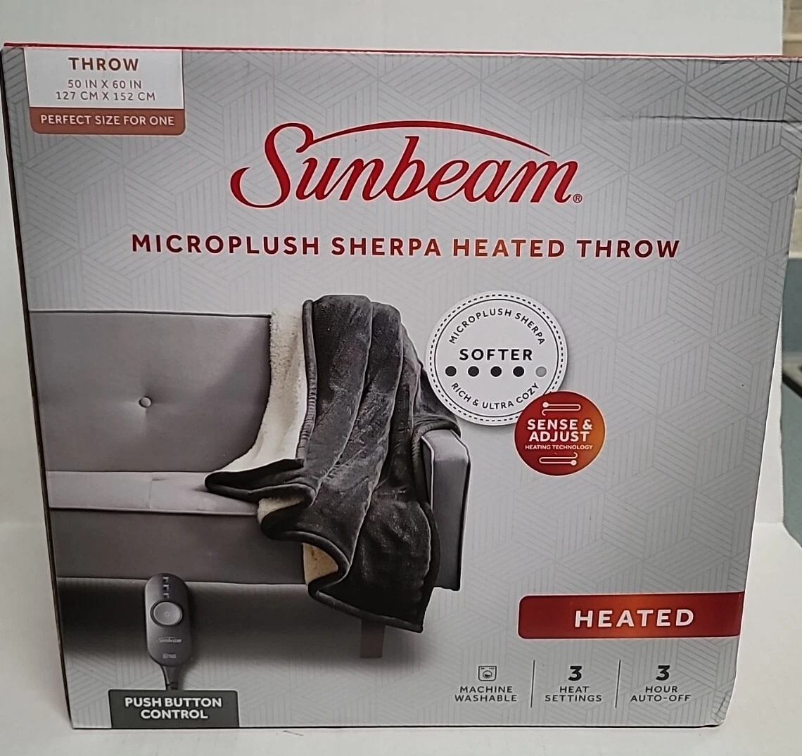 Sunbeam Heated Blanket, Reversible Gray Microplush/White Sherpa Throw  50u0026#034; x 60u0026#034; | eBay
