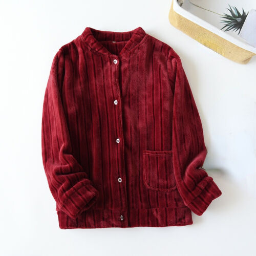Femme Rayé Flanelle Moelleux Pyjama Haut Chemise Chauffe Nuisette Domestique Lit - Picture 14 of 16