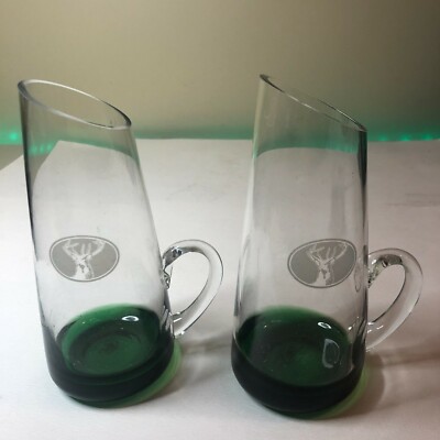 1 Source Inc Etched Deer Stag Glass Mini Pitcher Hand Blown GREEN BASE Set of 2