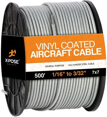 7x7 Vinyl Coated Galvanized Steel Aircraft Cable Wire 250 ft - 1/16'' to 3/32''