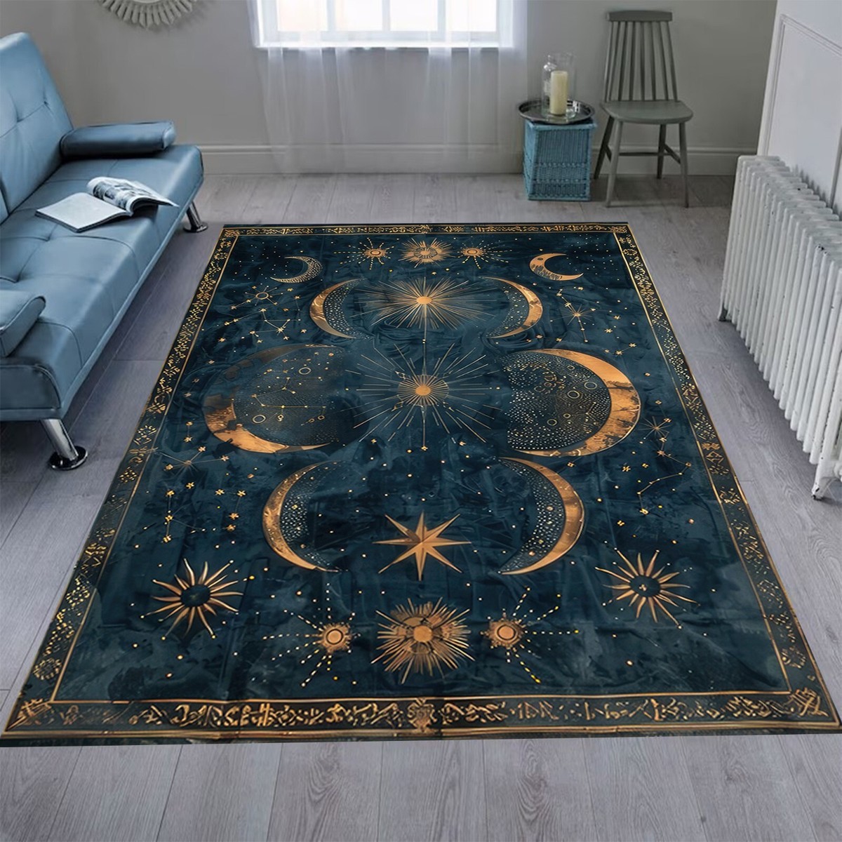 Sun Moon And Stars Area Rug Blue Bedroom Rug Modern Outer Space Sun