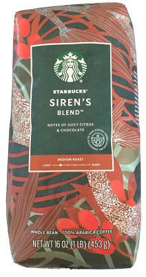 Starbucks Siren's Blend Medium Roast Whole Bean Coffee 1lb  / 16oz / 453g Bag