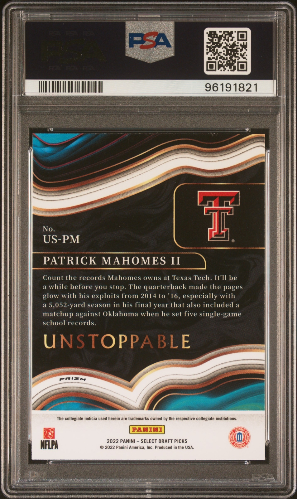 2022 PANINI SELECT DRAFT PICKS UNSTOPPABLE USPM PATRICK MAHOMES II PSA