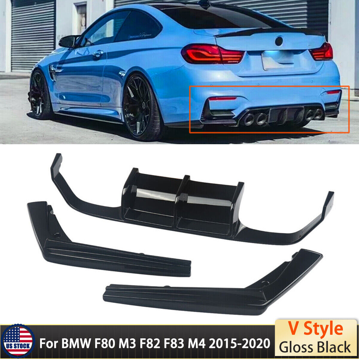 FOR 15-19 BMW F80 M3 F82 M4 GLOSS BLACK REAR BUMPER BIG DIFFUSER