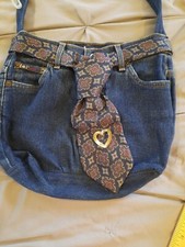 Handbag zippered upcycled denim with pockets/ tie and pin optional, handmade