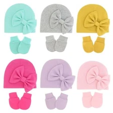 Beanie Hat Gloves Set Baby Bow Cap Mittens Kit Infants Warm Cotton Glove