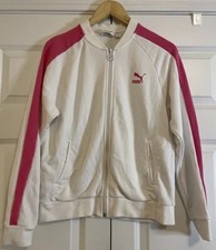 PUMA T7 Track Women  s Jacket, White Pink Bands Full-zip Sz M- Sporty/Retro/70s