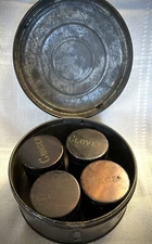 Antique Metal Tole Ware Spice Set 4 Stenciled Spice Containers and Carrier