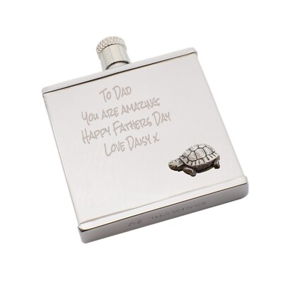 Personalisierter Flachmann englisch hergestellt Zinn Schildkröte Design 2 Unzen in Geschenkbeutel