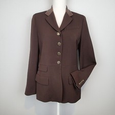 RALPH LAUREN Brown Wool Blazer Jacket Leather Collar Horse Buttons 8p career wor