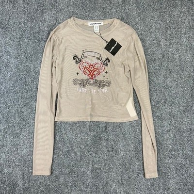 Charlotte Russe NWT Mesh Graphic Crop Top Rhinestone Heart Taupe Long Sleeve M