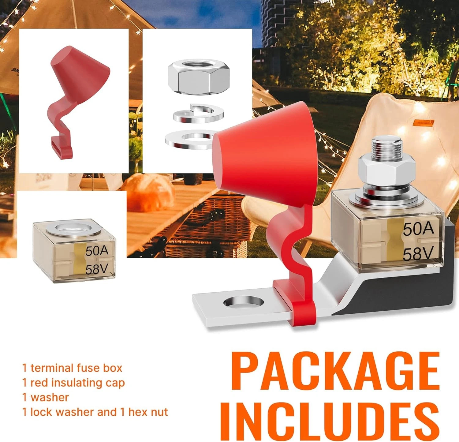 Joinfworld MRBF Terminal Fuse Block 50A 58V DC Battery 50A, Red&Silver