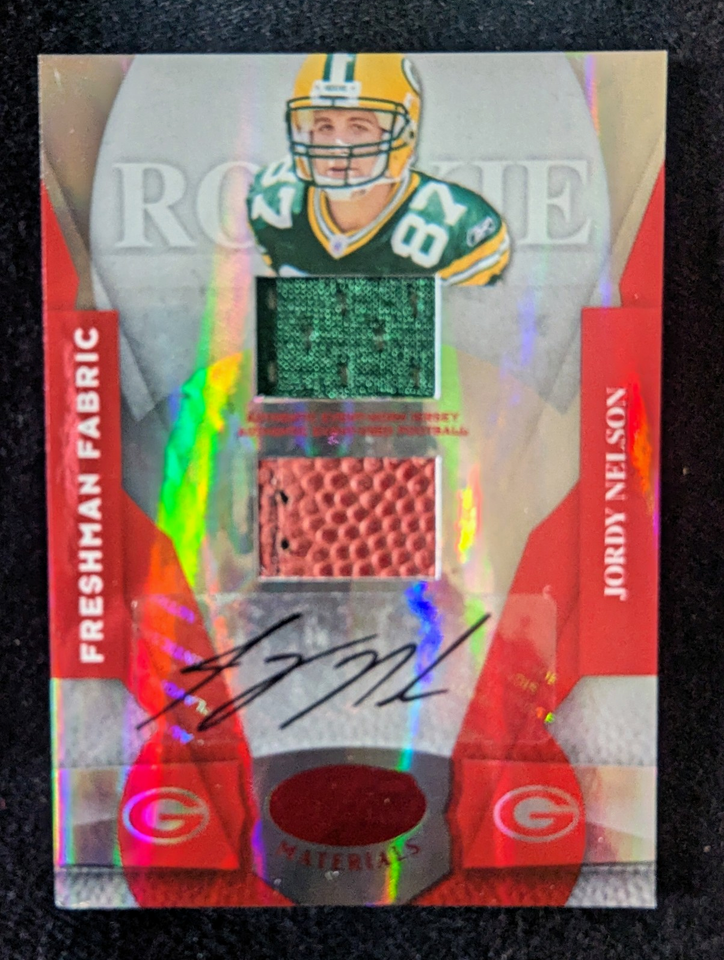 Packer Material 2008 Donruss Elite Freshman Fabric Jordy Nelson Packers RC Auto Serial ...