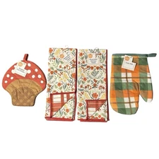 Lot Of 4 Dish Towels & Pot Holder Farmhouse Kitchen Mushroom, Plaid, Floral New