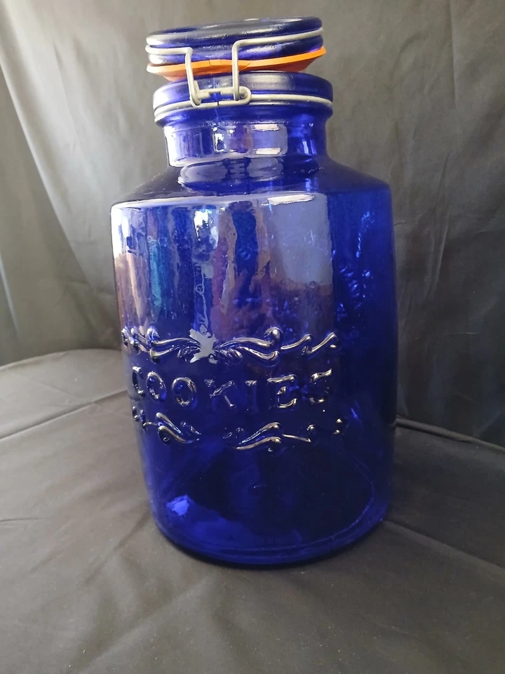 Vintage Cobalt Blue Embossed Aunt Mary's Pure Foods 4 Quart Cookies Canister... - Image 2 of 4