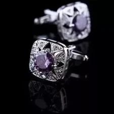 3CT Round Cut Lab Created Amethyst Men's Fancy Cufflinks 14K White Gold Finish
