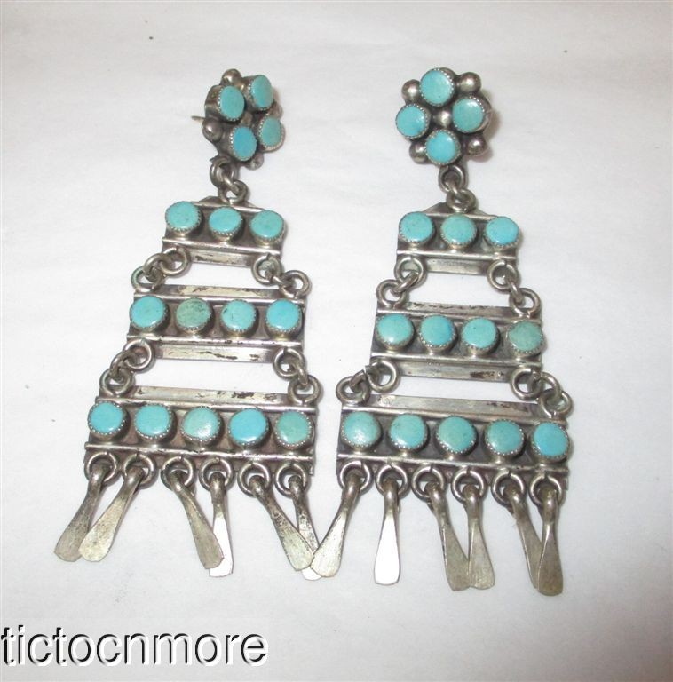 VINTAGE ZUNI INDIAN SNAKE EYES PETIT POINT TURQUOISE TIERED JINGLE EARRINGS STER