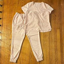 Jaanuu Women s Pink Solid Scrub Set Top Jogger Pants Size L Polyester