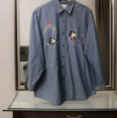 Disney Vintage Shirt Womens Blue Denim Mickey Minnie Mouse Embroidery 90s Size L