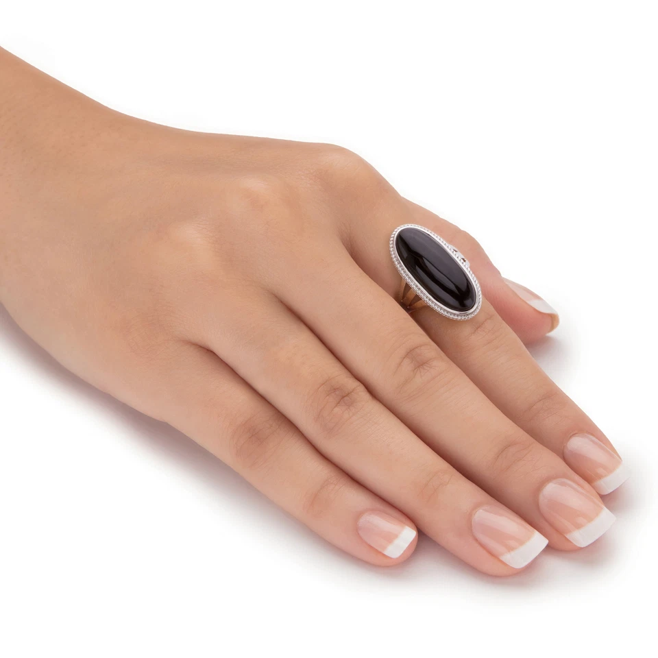 Anillo cabujón ovalado de plata de ley de ónix negro genuino Foto 3 de 4