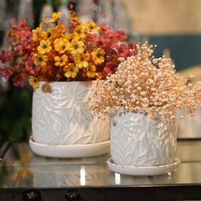 Handmade White Glossy Ceramic Planter Set of 2, 6'' & 8'' Diameter, Leaf Pattern D