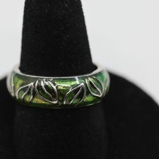 Sterling Silver 925 Green Enamel Leaf Band Ri...