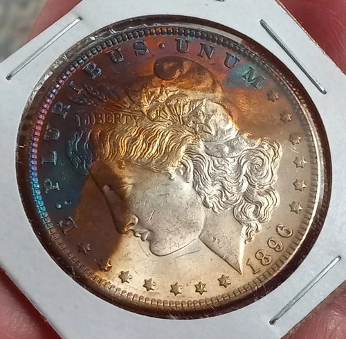Awesome 1896-P Morgan Dollar Crescent Rainbow Toned BU Gem Pulled From PCI Slab